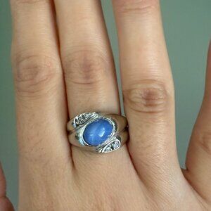 Vintage 14k White Gold Lindy Star Sapphire Ring w/ Diamond Accents – Size 7.25